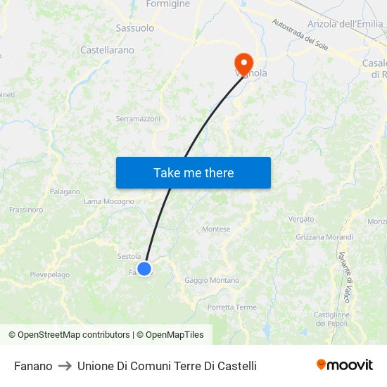 Fanano to Unione Di Comuni Terre Di Castelli map