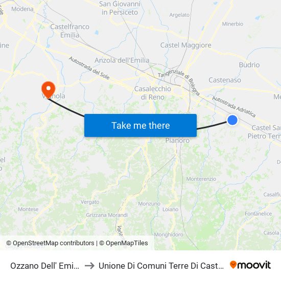 Ozzano Dell' Emilia to Unione Di Comuni Terre Di Castelli map