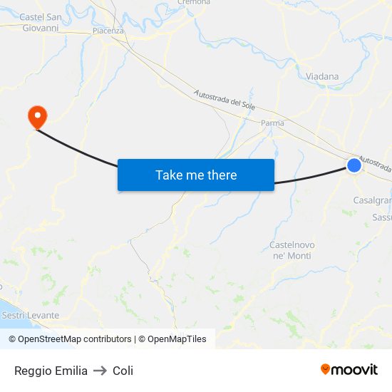 Reggio Emilia to Coli map