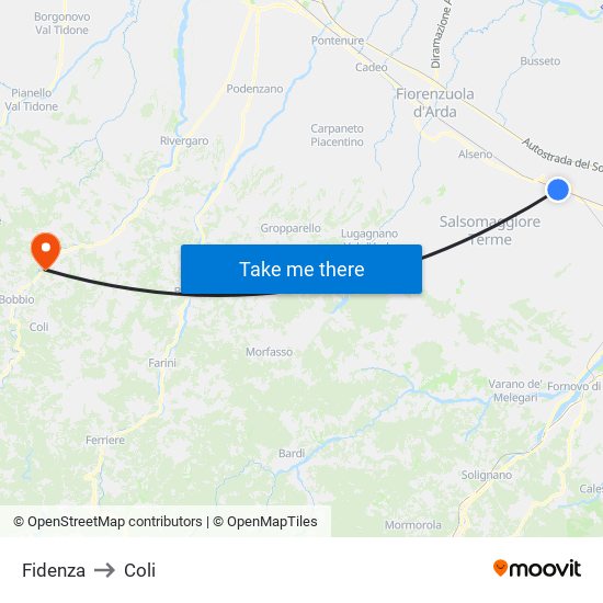 Fidenza to Coli map