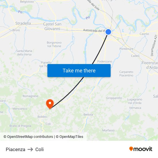 Piacenza to Coli map