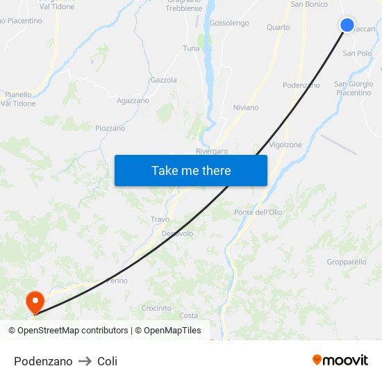 Podenzano to Coli map