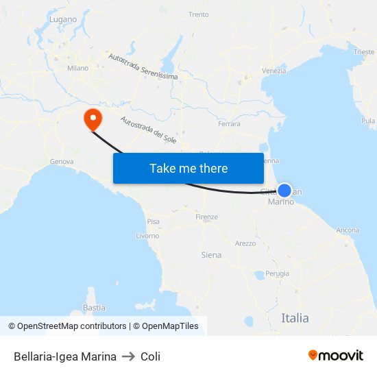 Bellaria-Igea Marina to Coli map