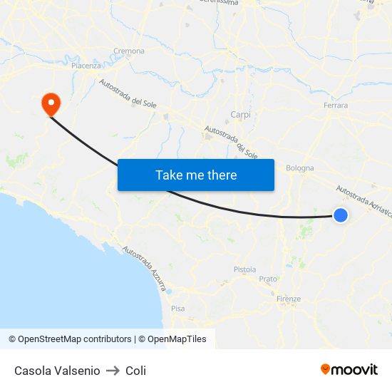 Casola Valsenio to Coli map