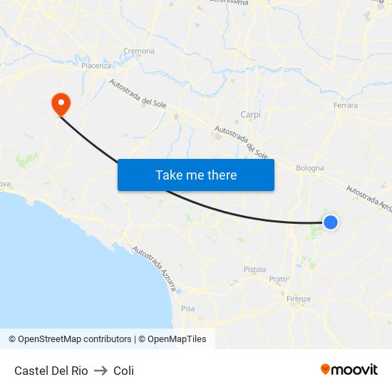 Castel Del Rio to Coli map