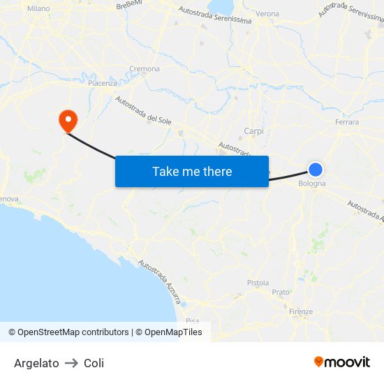 Argelato to Coli map