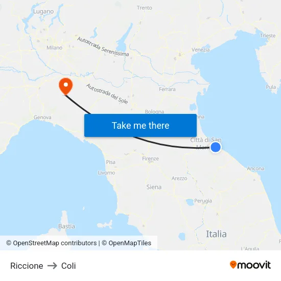 Riccione to Coli map
