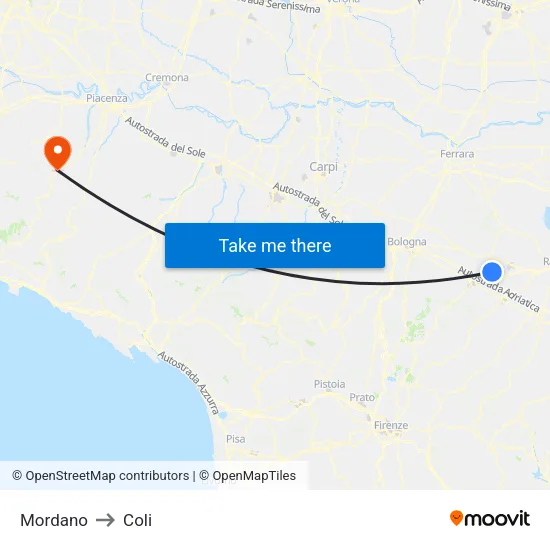 Mordano to Coli map