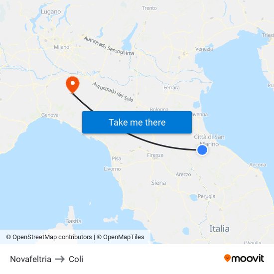 Novafeltria to Coli map