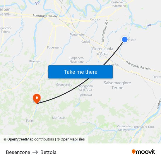 Besenzone to Bettola map