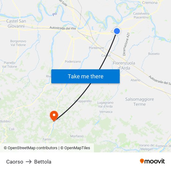 Caorso to Bettola map