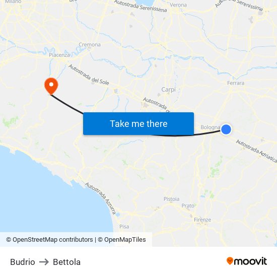 Budrio to Bettola map