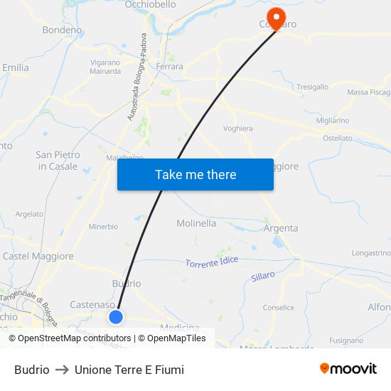 Budrio to Unione Terre E Fiumi map