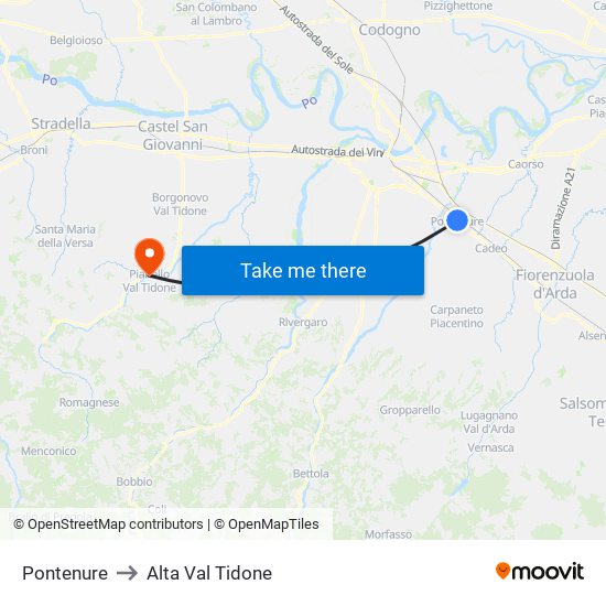 Pontenure to Alta Val Tidone map
