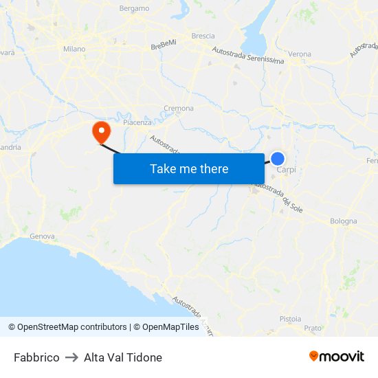 Fabbrico to Alta Val Tidone map