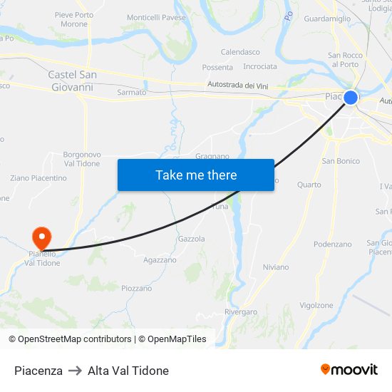 Piacenza to Alta Val Tidone map