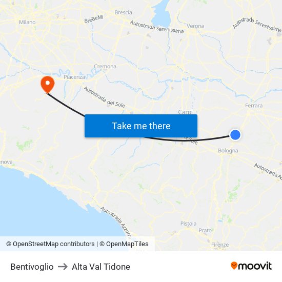 Bentivoglio to Alta Val Tidone map
