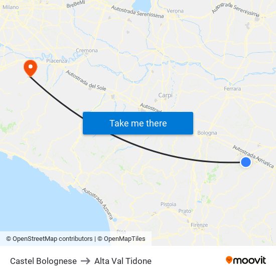 Castel Bolognese to Alta Val Tidone map