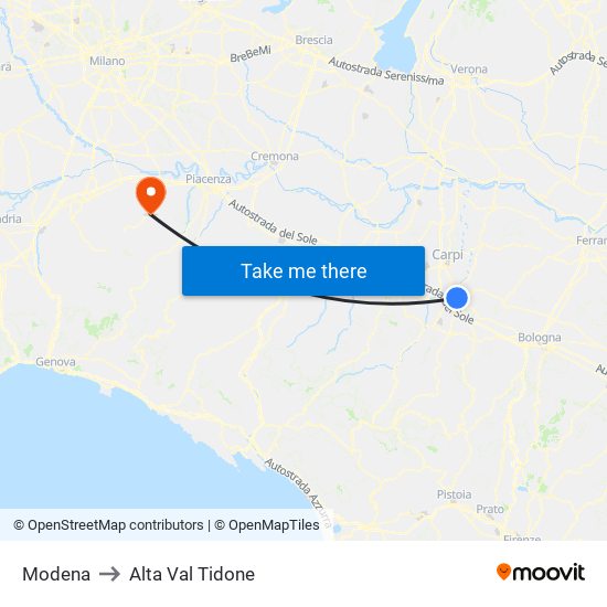 Modena to Alta Val Tidone map