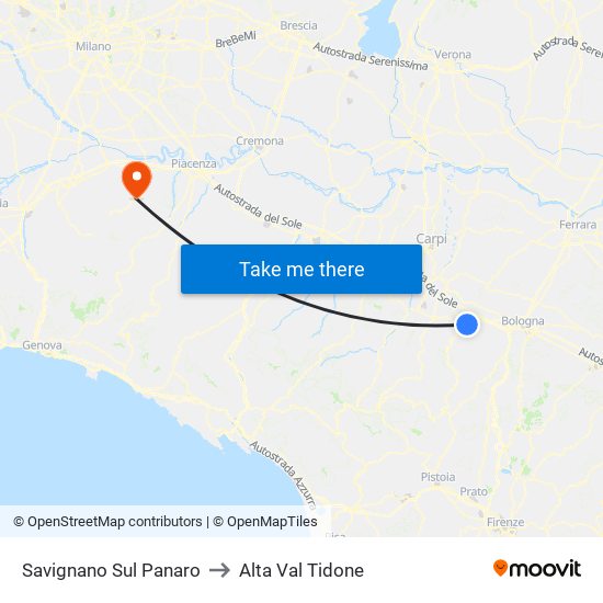 Savignano Sul Panaro to Alta Val Tidone map