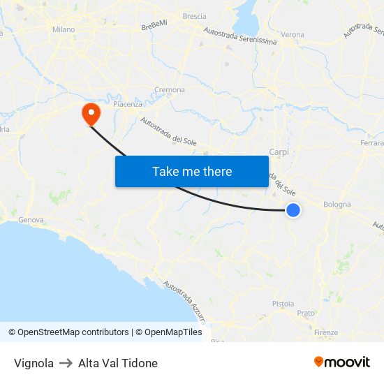 Vignola to Alta Val Tidone map