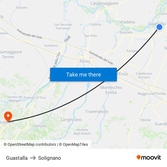 Guastalla to Solignano map