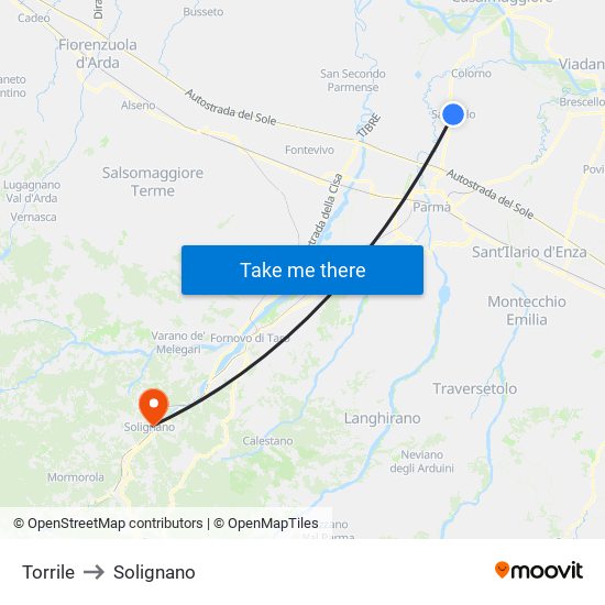 Torrile to Solignano map