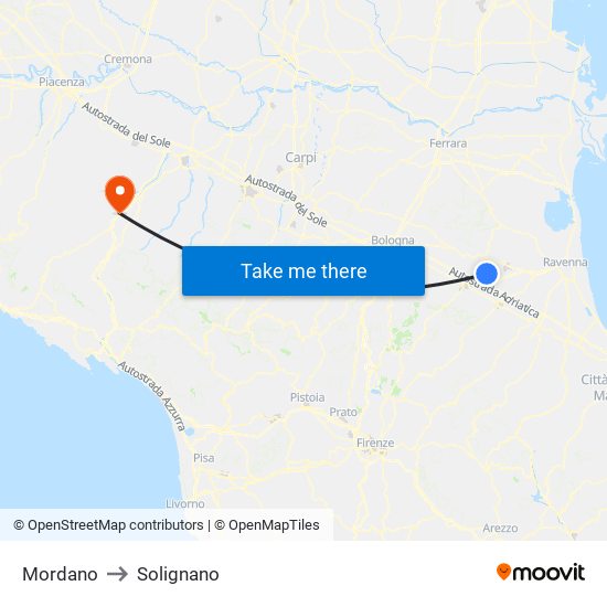 Mordano to Solignano map