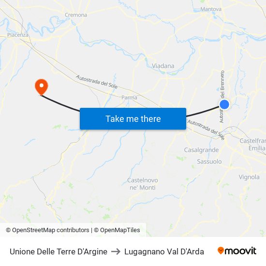 Unione Delle Terre D'Argine to Lugagnano Val D'Arda map