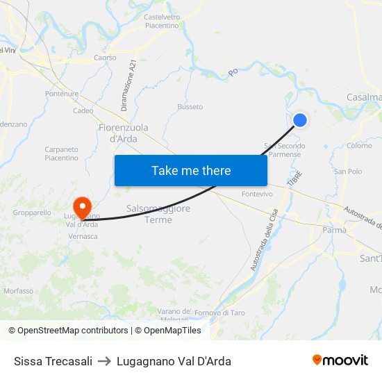 Sissa Trecasali to Lugagnano Val D'Arda map