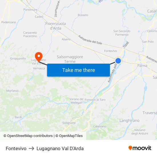 Fontevivo to Lugagnano Val D'Arda map