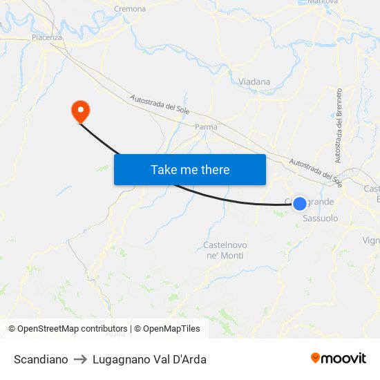 Scandiano to Lugagnano Val D'Arda map