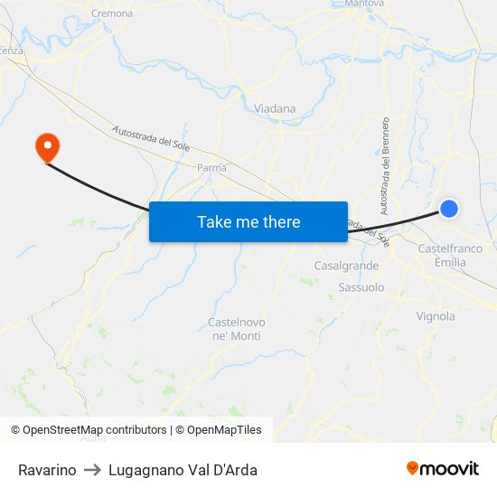 Ravarino to Lugagnano Val D'Arda map