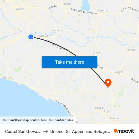 Castel San Giovanni to Unione Dell'Appennino Bolognese map