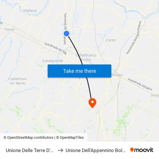 Unione Delle Terre D'Argine to Unione Dell'Appennino Bolognese map