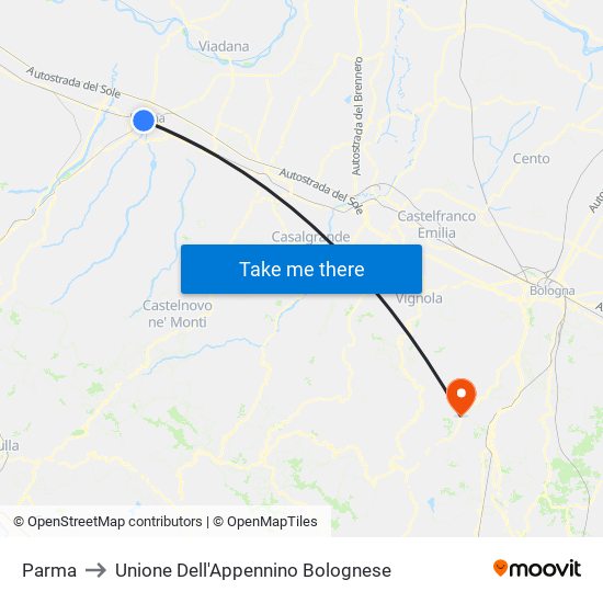 Parma to Unione Dell'Appennino Bolognese map