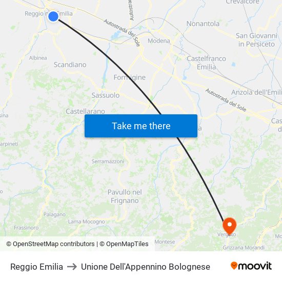 Reggio Emilia to Unione Dell'Appennino Bolognese map