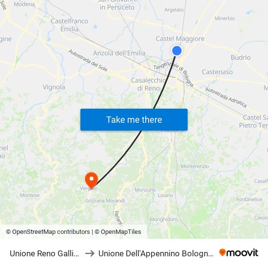 Unione Reno Galliera to Unione Dell'Appennino Bolognese map