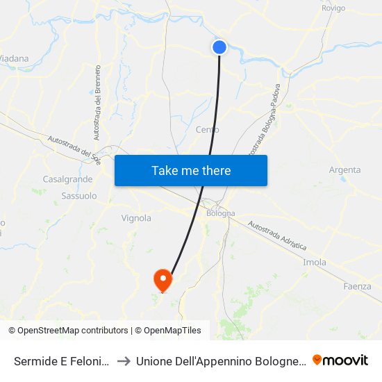 Sermide E Felonica to Unione Dell'Appennino Bolognese map