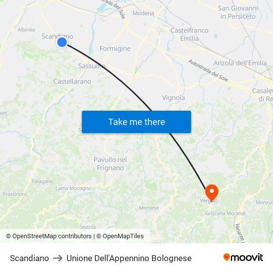 Scandiano to Unione Dell'Appennino Bolognese map