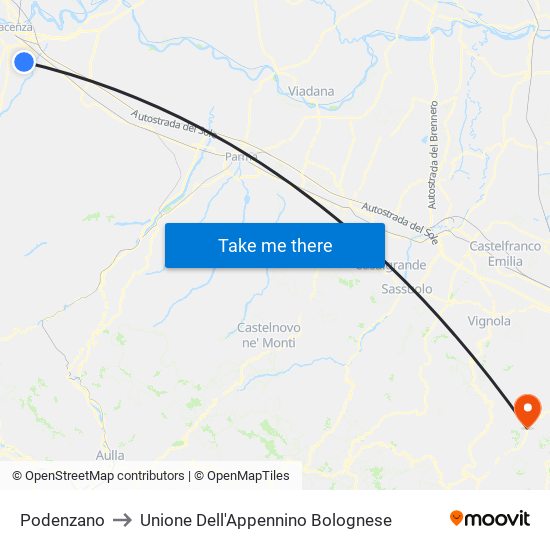 Podenzano to Unione Dell'Appennino Bolognese map