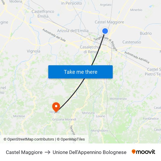 Castel Maggiore to Unione Dell'Appennino Bolognese map