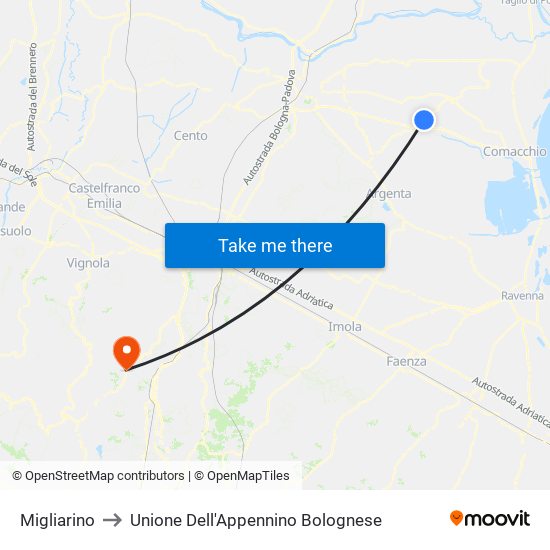 Migliarino to Unione Dell'Appennino Bolognese map