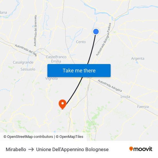 Mirabello to Unione Dell'Appennino Bolognese map