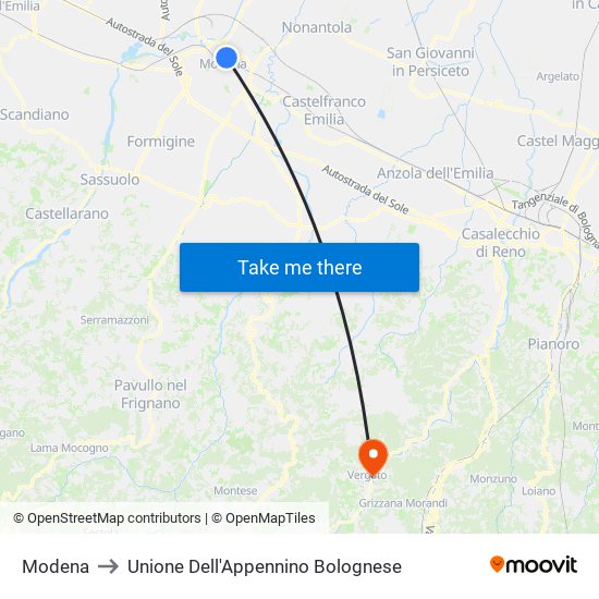 Modena to Unione Dell'Appennino Bolognese map