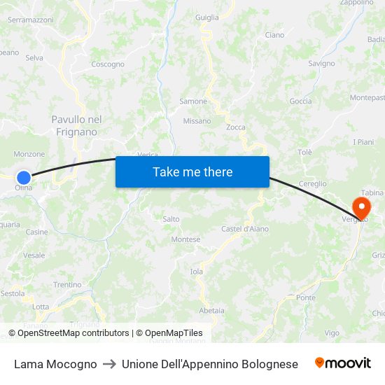 Lama Mocogno to Unione Dell'Appennino Bolognese map