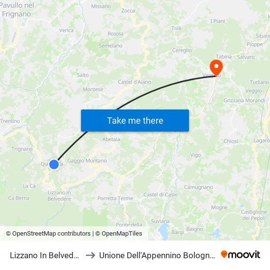 Lizzano In Belvedere to Unione Dell'Appennino Bolognese map