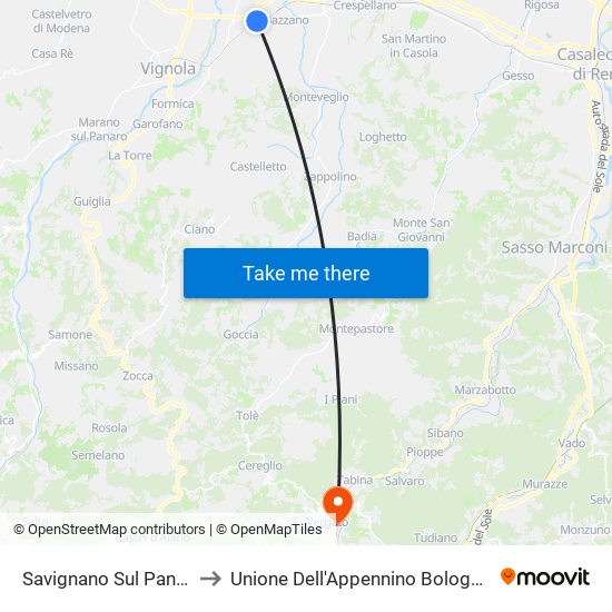 Savignano Sul Panaro to Unione Dell'Appennino Bolognese map