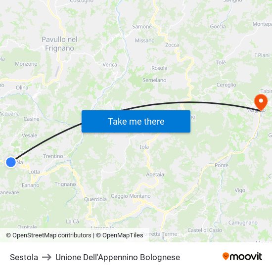 Sestola to Unione Dell'Appennino Bolognese map