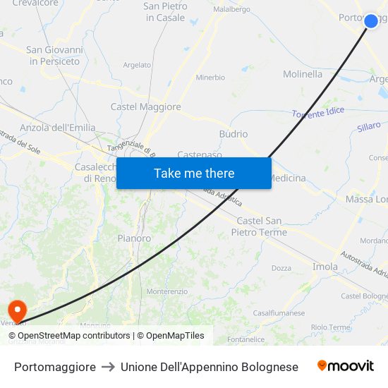 Portomaggiore to Unione Dell'Appennino Bolognese map